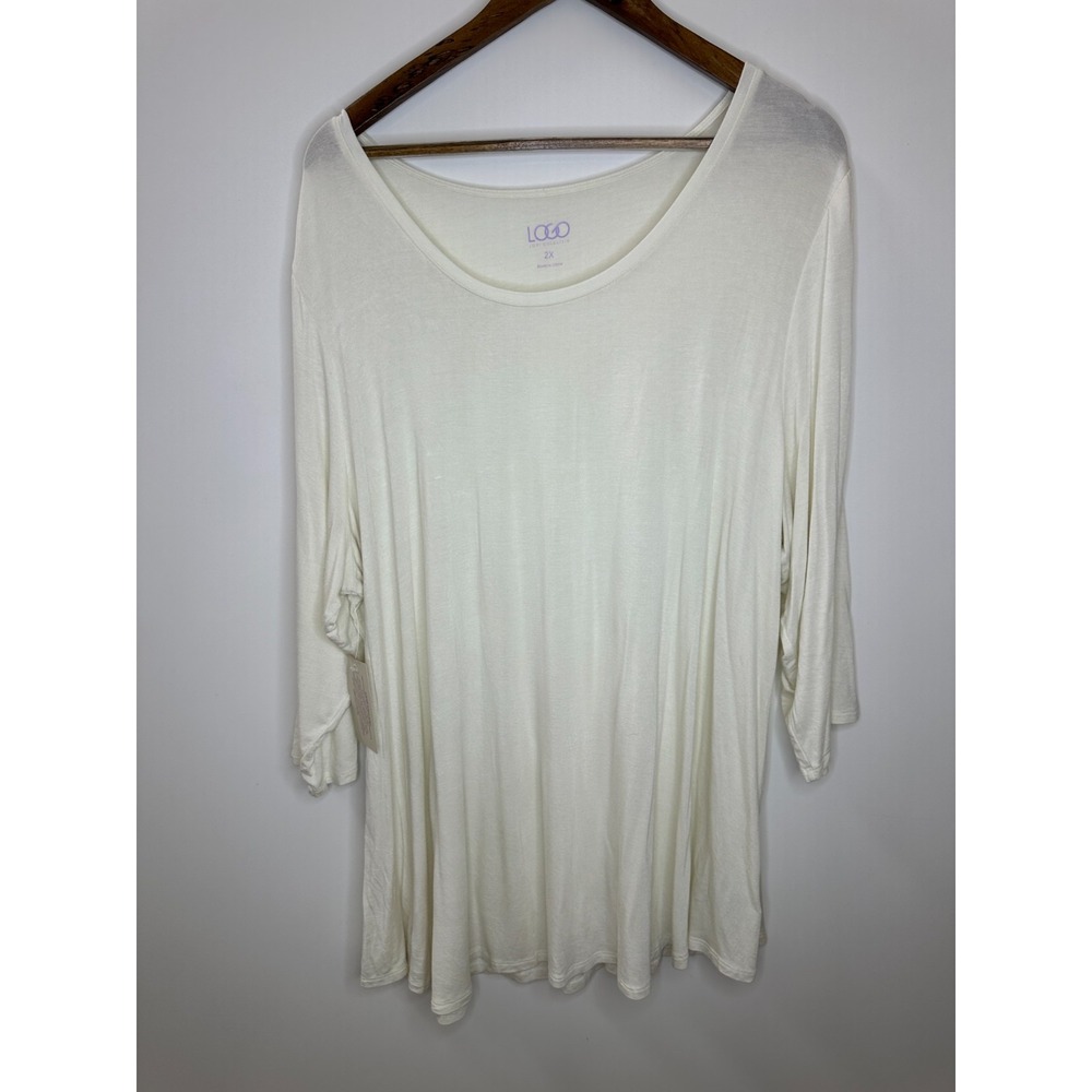 New LOGO Lori Goldstein Cream Stretch 3/4 Sleeve Tunic Top Scoop Neck Size 2X - Picture 2 of 9
